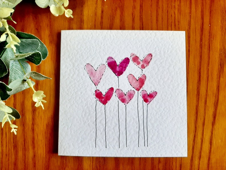 Hand painted watercolour heart balloons cards Valentine's, birthday, anniversary, any occasion. Colour choice & personalisation available Pink
