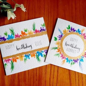 Handgeschilderde aquarel tropische wenskaarten met personalisatie beschikbaar, kies ontwerp en begroeting: verjaardag, jubileum, gelegenheid