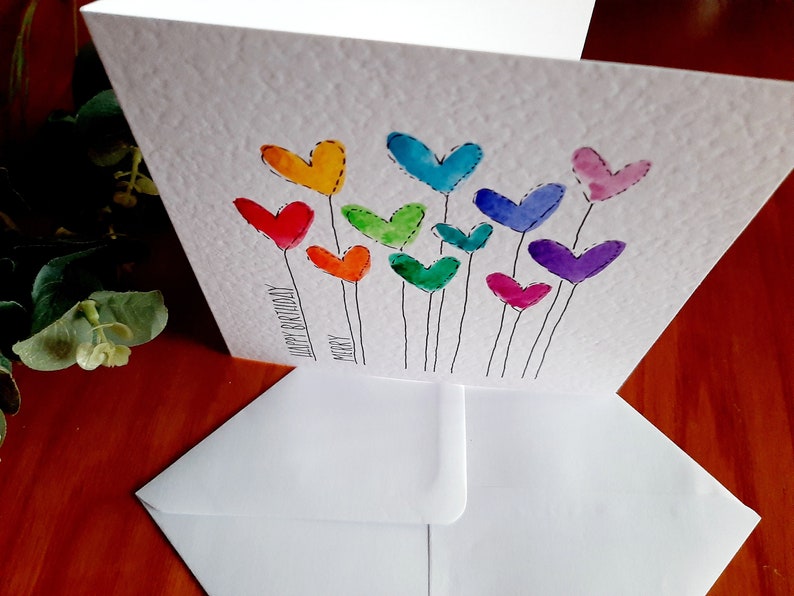 Hand painted watercolour heart balloons cards Valentine's, birthday, anniversary, any occasion. Colour choice & personalisation available image 7