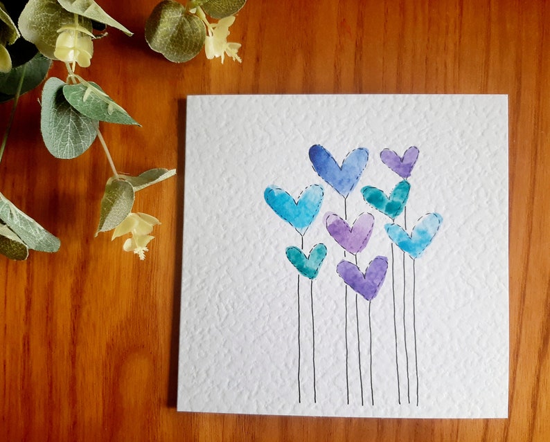 Hand painted watercolour heart balloons cards Valentine's, birthday, anniversary, any occasion. Colour choice & personalisation available Blue