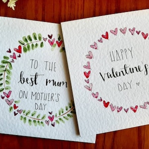 Hand painted watercolour cards: 2 styles with hearts, create your own greeting with personalisation. Ideal for Valentine's or Mother's Day.