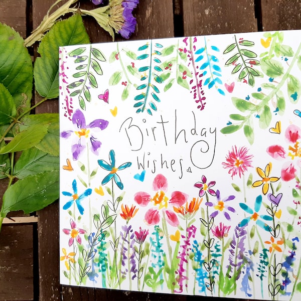 Hand painted watercolour floral greeting card with personalisation available, wild flowers: any greeting or occasion