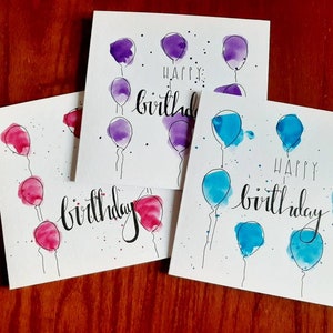Lot de 3 cartes d'anniversaire aquarelles peintes à la main - 5 couleurs au choix