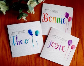 Hand made watercolour birthday cards: name written in calligraphy paint, colour selection and age personalisation available