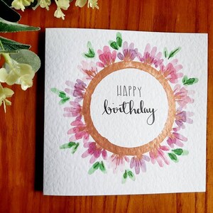 Handgeschilderde aquarel roségouden en roze bloemenwenskaarten met personalisatie beschikbaar: verjaardag, jubileum, elke gelegenheid
