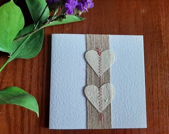 Handmade greeting card with paper hearts and hessian trim - perfect for wedding, Valentine's, anniversary, any occasion