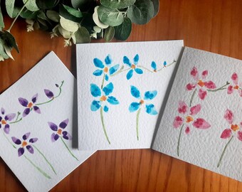 Pack of 3 hand painted watercolour freesia cards - choose from 4 colours, perfect for any occasion: sympathy, Mother's Day, anniversary