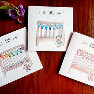 Handgeschilderde aquarel kaarten voor nieuwe baby's: keuze uit 3 kleuren en personalisatie beschikbaar