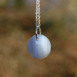 Blue Lace Agate 925 Sterling Silver Necklace (2cm diameter) - Stone of Calm