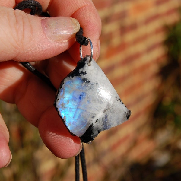 Raw Moonstone Cotton Necklace with Silver Plated Magnetic Ball Clasp  (3x3cm) - Stone of New Beginnings