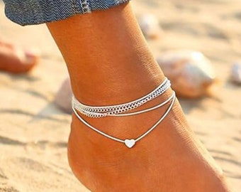 Adjustable Genuine Hallmarked Sterling Silver Linked Hearts Ball Chain Anklet
