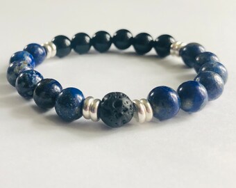 Lapis Lazuli, Black Obsidian and Lava Crystal Healing Bracelet - Oil Diffuser Bracelet - Gifts