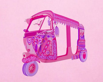 May include: A pink and purple auto rickshaw with intricate floral designs and tassels. The rickshaw has a canopy and a decorative front.