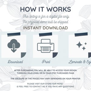 May include: A digital download graphic showing how to download, print, and laminate a digital file. The text says "How it works", "This listing is for a digital file only. No physical items will be shipped. Instant Download", "Download", "Print", "Laminate & Enjoy", "After purchasing, you will be able to access your design through your email or in your Etsy purchases page. The colours of the images may vary depending on your printer. Please visit our store for more! & feel free to contact me if you have any questions."