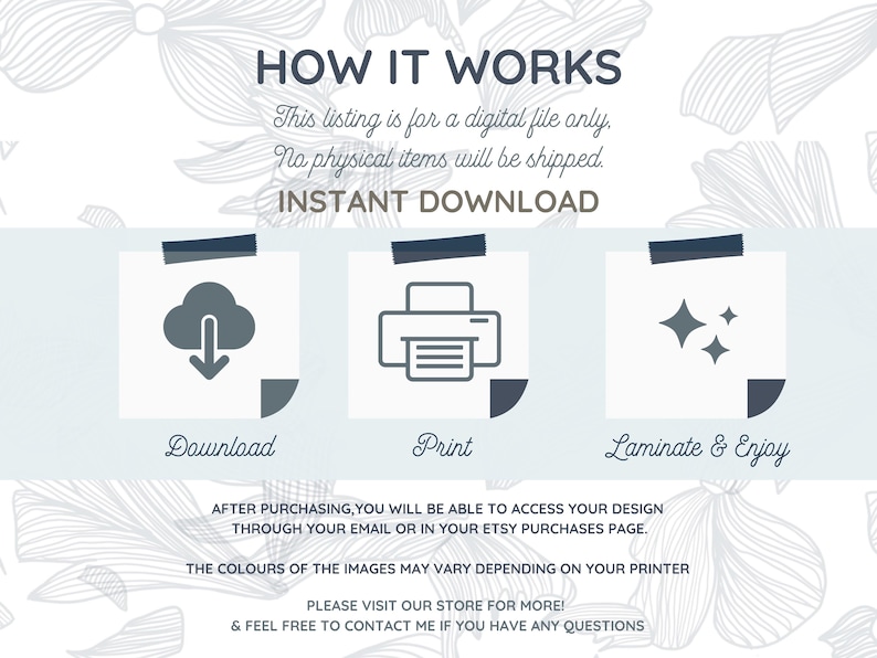 May include: A digital download graphic showing how to download, print, and laminate a digital file. The text says "How it works", "This listing is for a digital file only. No physical items will be shipped. Instant Download", "Download", "Print", "Laminate & Enjoy", "After purchasing, you will be able to access your design through your email or in your Etsy purchases page. The colours of the images may vary depending on your printer. Please visit our store for more! & feel free to contact me if you have any questions."