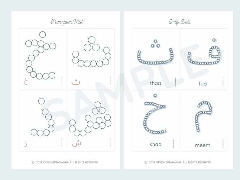 May include: A printable worksheet for learning the Arabic alphabet. The worksheet features two sections: Pom-pom Mat and Q-tip Dab. Each section has four boxes with Arabic letters and their corresponding English transliterations. The letters are represented by dots and circles that can be filled in with pom-poms or Q-tips.