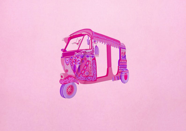 May include: A pink and purple auto rickshaw with intricate floral designs and tassels. The rickshaw has a canopy and a decorative front.