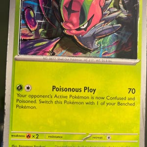 May include: A Pokémon trading card featuring Accelgor, a Stage 1 Pokémon. The card has a green border and displays Accelgor's illustration, a red and green creature. The card includes the text "Poisonous Ploy" and other game details.