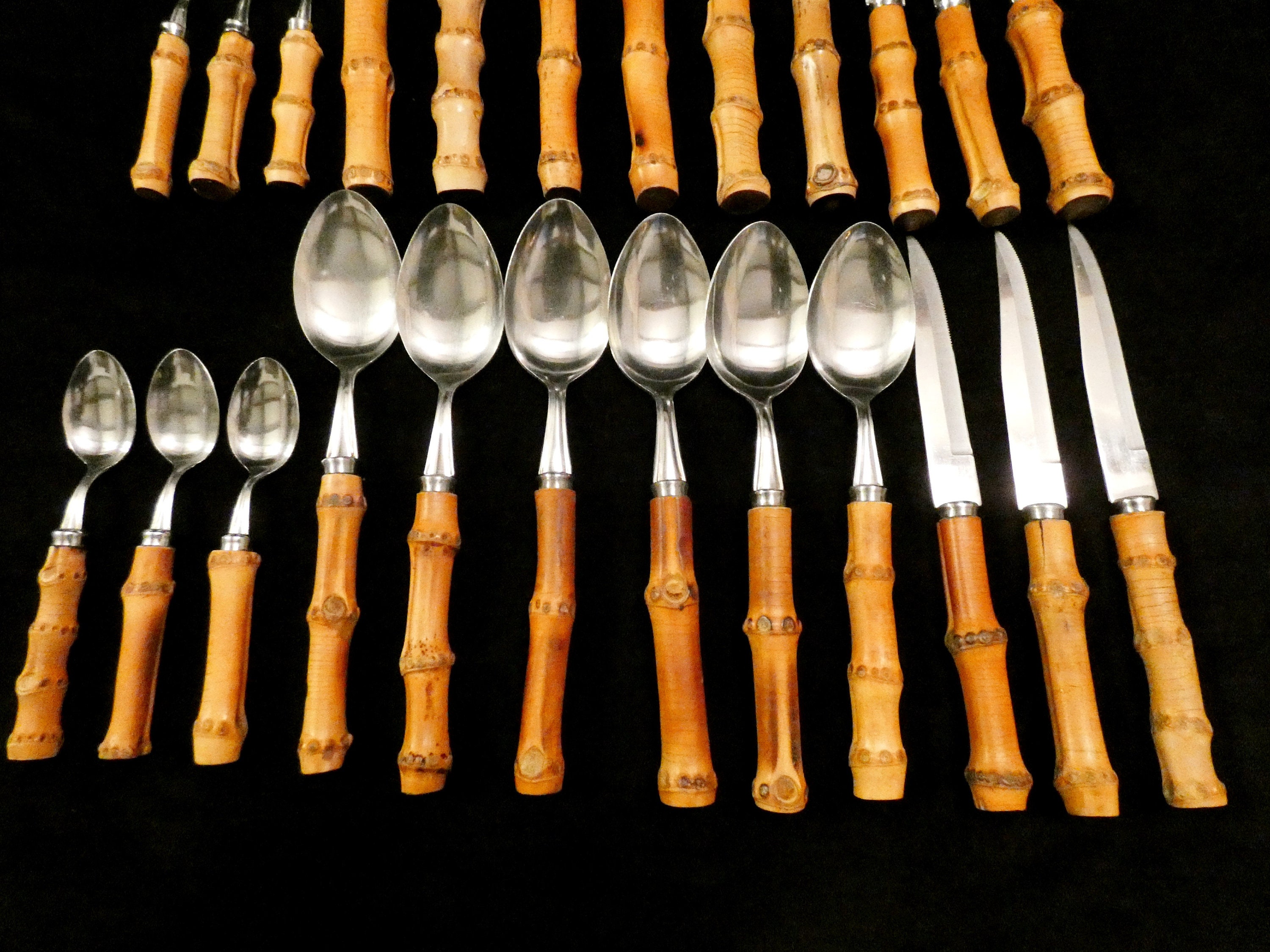 Reserved for Ann !! 24 Bamboo Handle Flatware Set, Vintage Natural Bamboo Handle Cutlery and