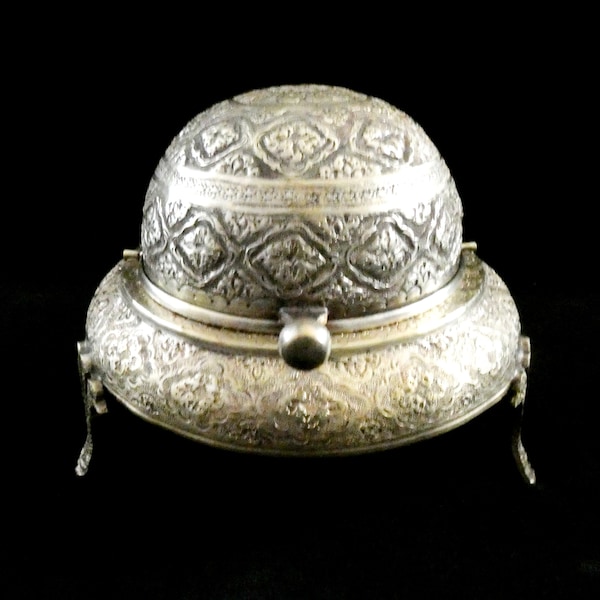 Antique Persian Caviar Bowl Roll Top Brass Dome Ornate Caviar Server Peacock-shaped Feets Lidded Butter Dish