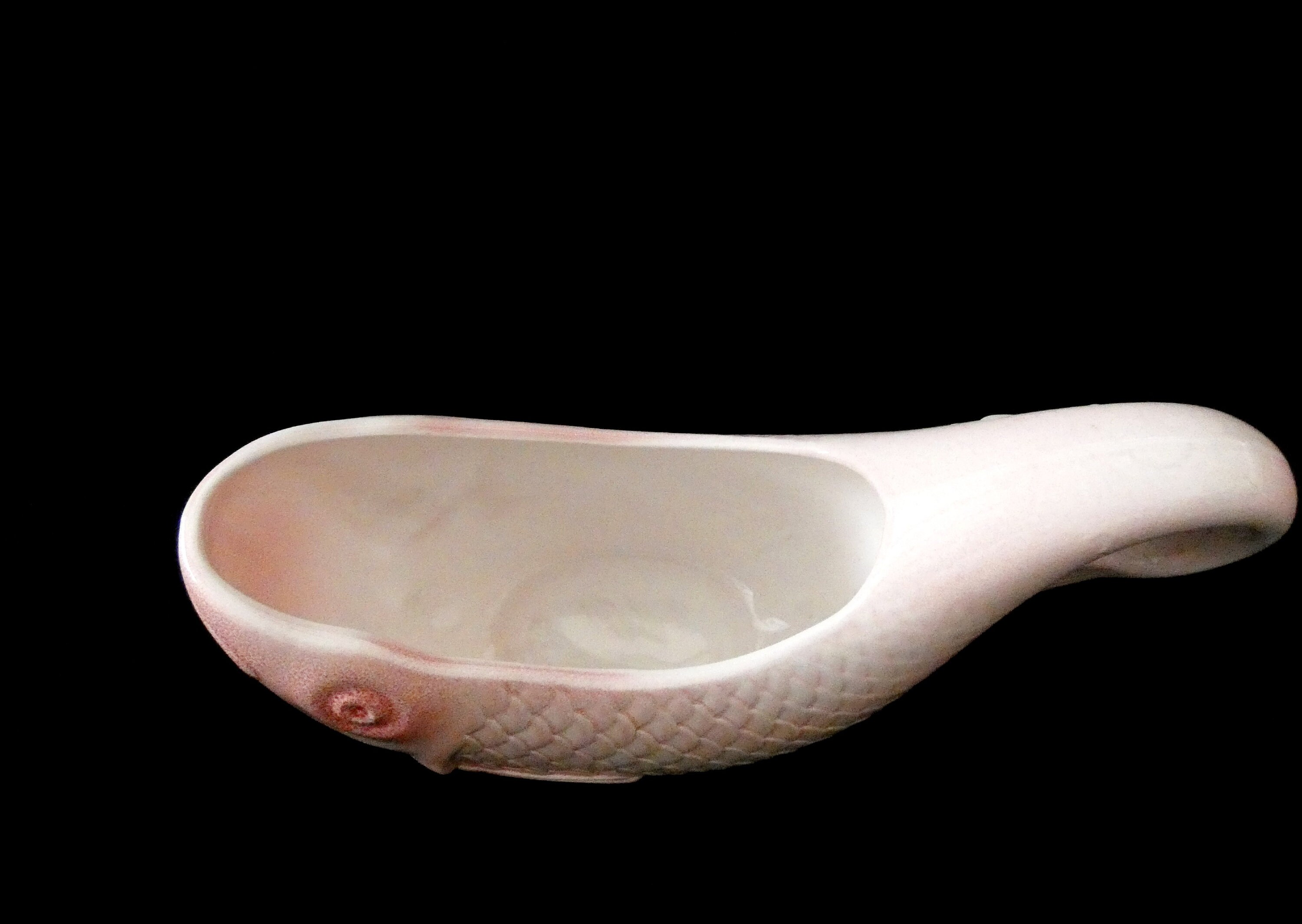 Vintage French Fish Shaped Gravy Boat, Pink Majolica Sauce Boat, Salins