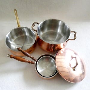 Vintage French Copper Pans Set Copper Pot Stainless Steel, Brass & Wood Handles Saucepans 60s