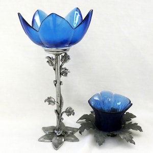 Vintage Jean Goardere Candlestick Holder French Cobalt Blue Crystal Glass Hammered Tin Mid century Art Candle Holders Set