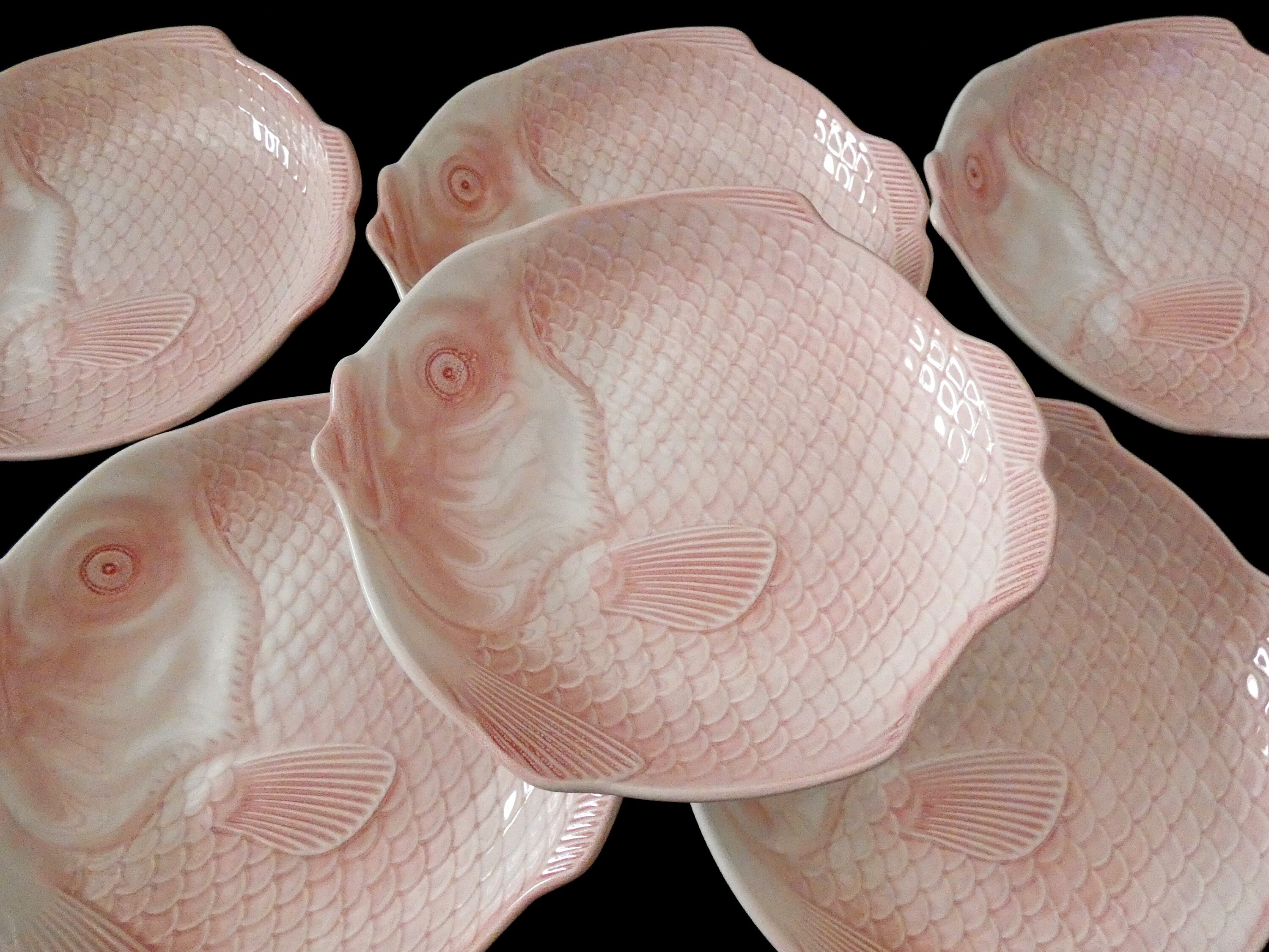 6 Antique French Pink Fish Shaped Plates, Vintage Majolica Seafood Plates, Ceramic Fish