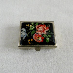Antique French Pill Box Small Metal Pocket Box Floral Enamel Decoration Collectible 60s