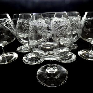 Large Bohemia Etched Crystal Cognac Glasses Mid century Brandy Snifters Crystalware Barcart Accessories