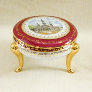 Vintage Limoges Jewelry Box Round Gold White Red French Porcelain Ring Box Gilded Feet