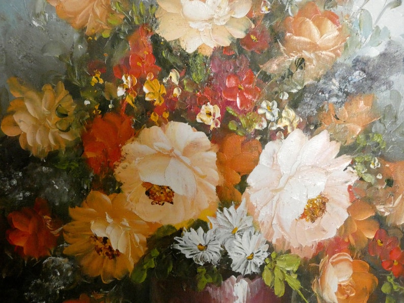 29/25 French Oil Painting on Canvas Signed Vintage Still Life White