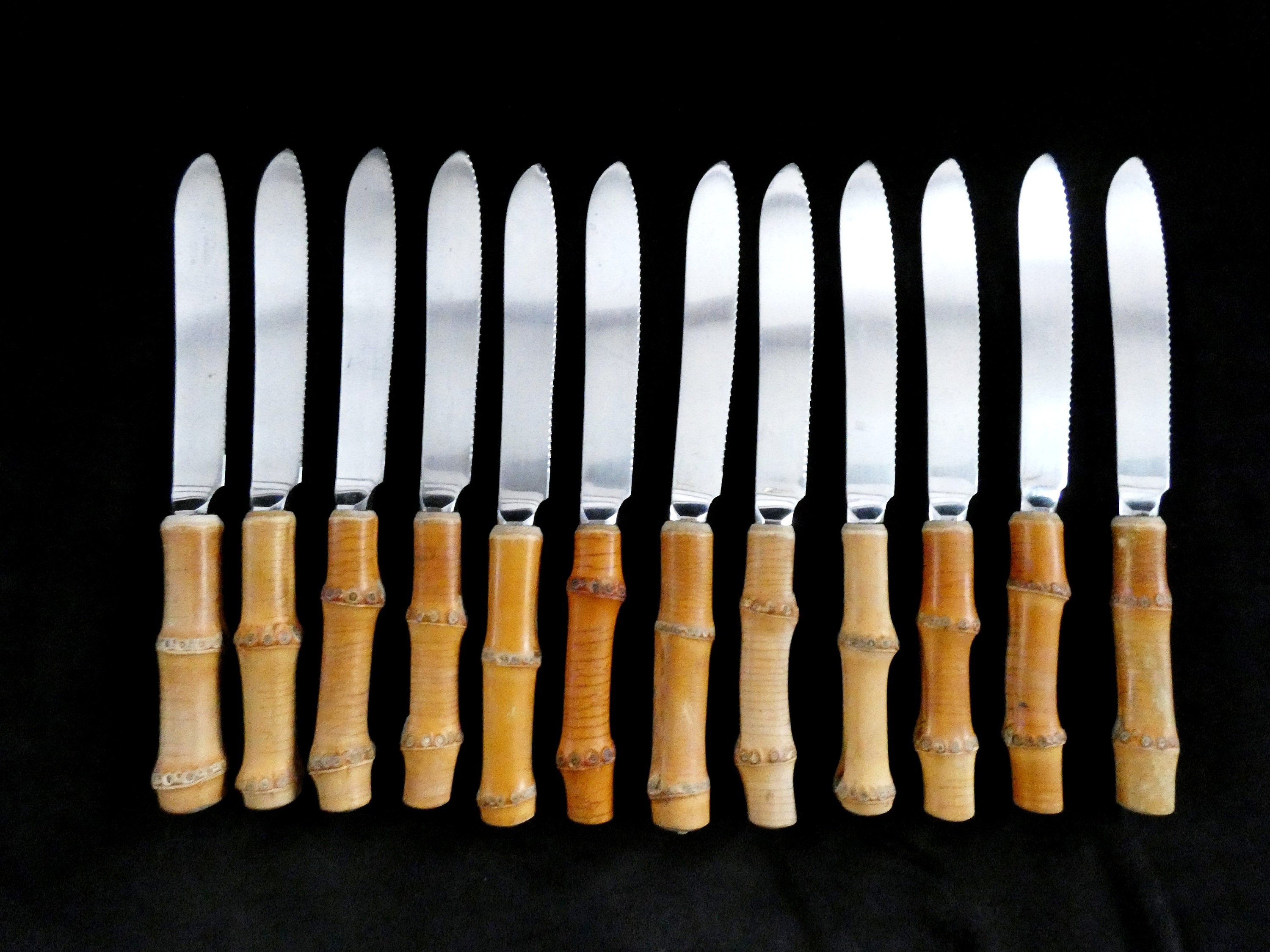 12 Vintage Bamboo Handle Flatware and Stainless Steel, Bamboo Handle