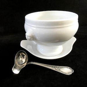 Vintage French Soup Tureen Set Lion Head Handles White Porcelain Onderplate Stainless Steel Soup Ladle French Bistro Onion Soup Serving Bowl