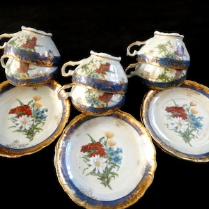6 Antique French Coffee Cups Demitasse Porcelain Cups and Saucers Gold Edging Blue Red Yellow Flowers 1920s
