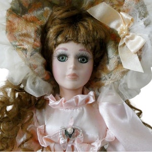 19&quot; Vintage French Porcelain Doll Blue Eyes Brown Curly Hair Pink Brown Orange Victorian Dress Collectible Doll France