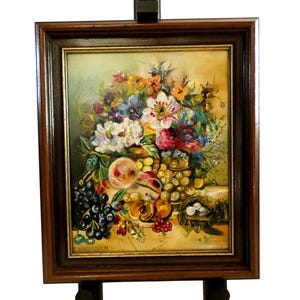 Vintage Still Life Belgian Oil on Board Painting of Flowers in Vase and Fruits, Signed
