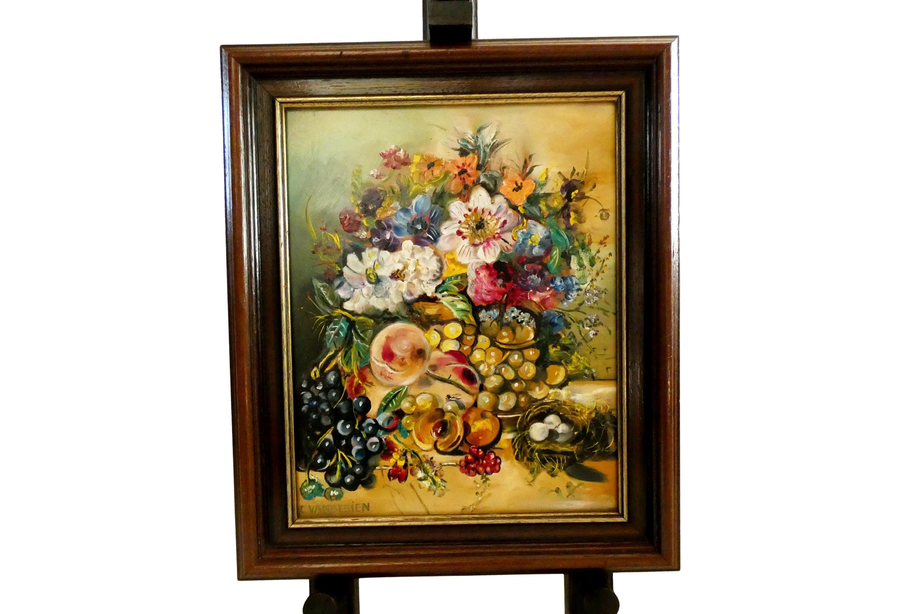 ヴィンテージ花柄静物油絵 - ベルギーのサイン入りアート、米国関税 