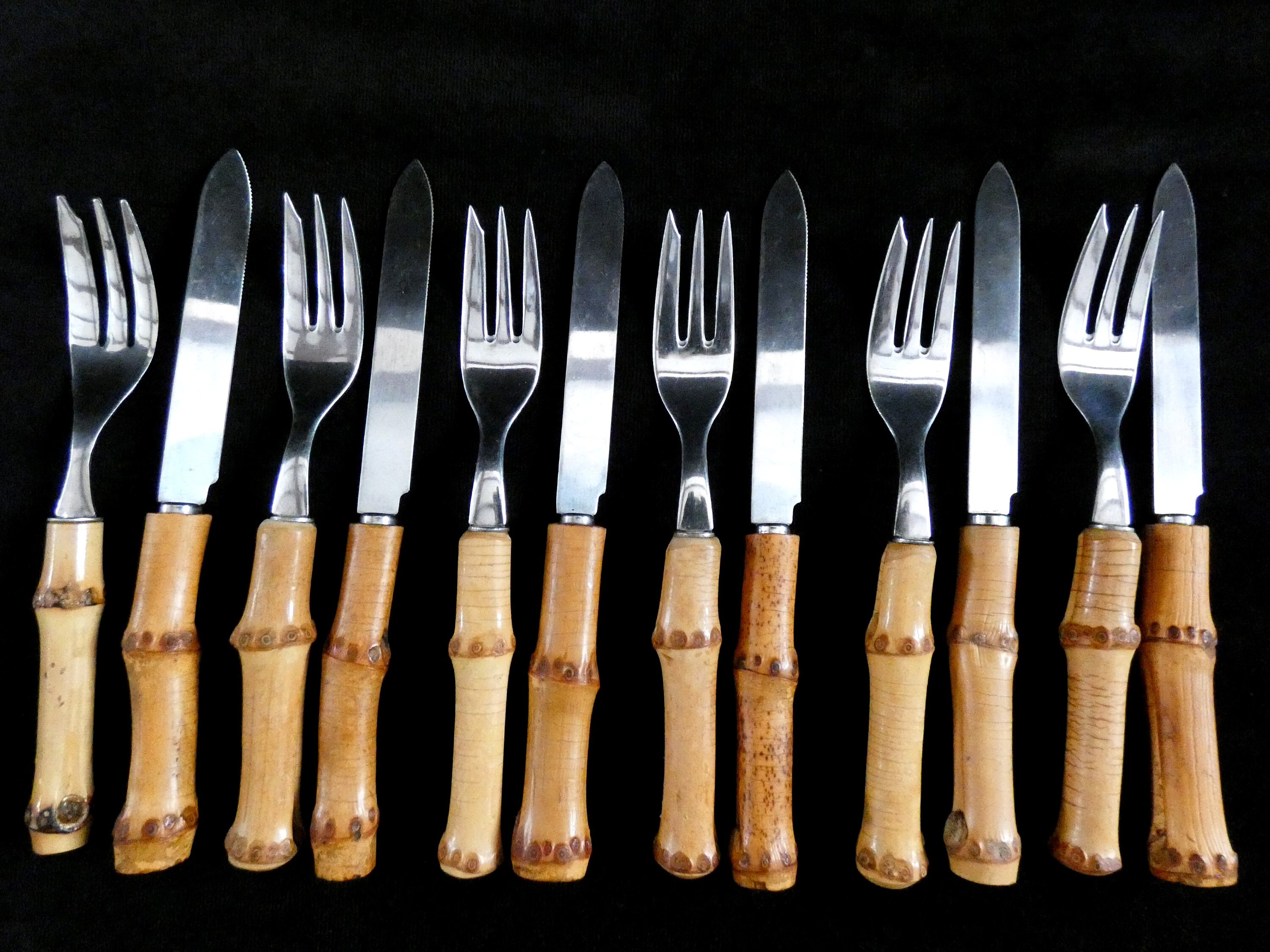 13 Vintage French Bamboo Handle Dessert Set, Handmade Bamboo Handle