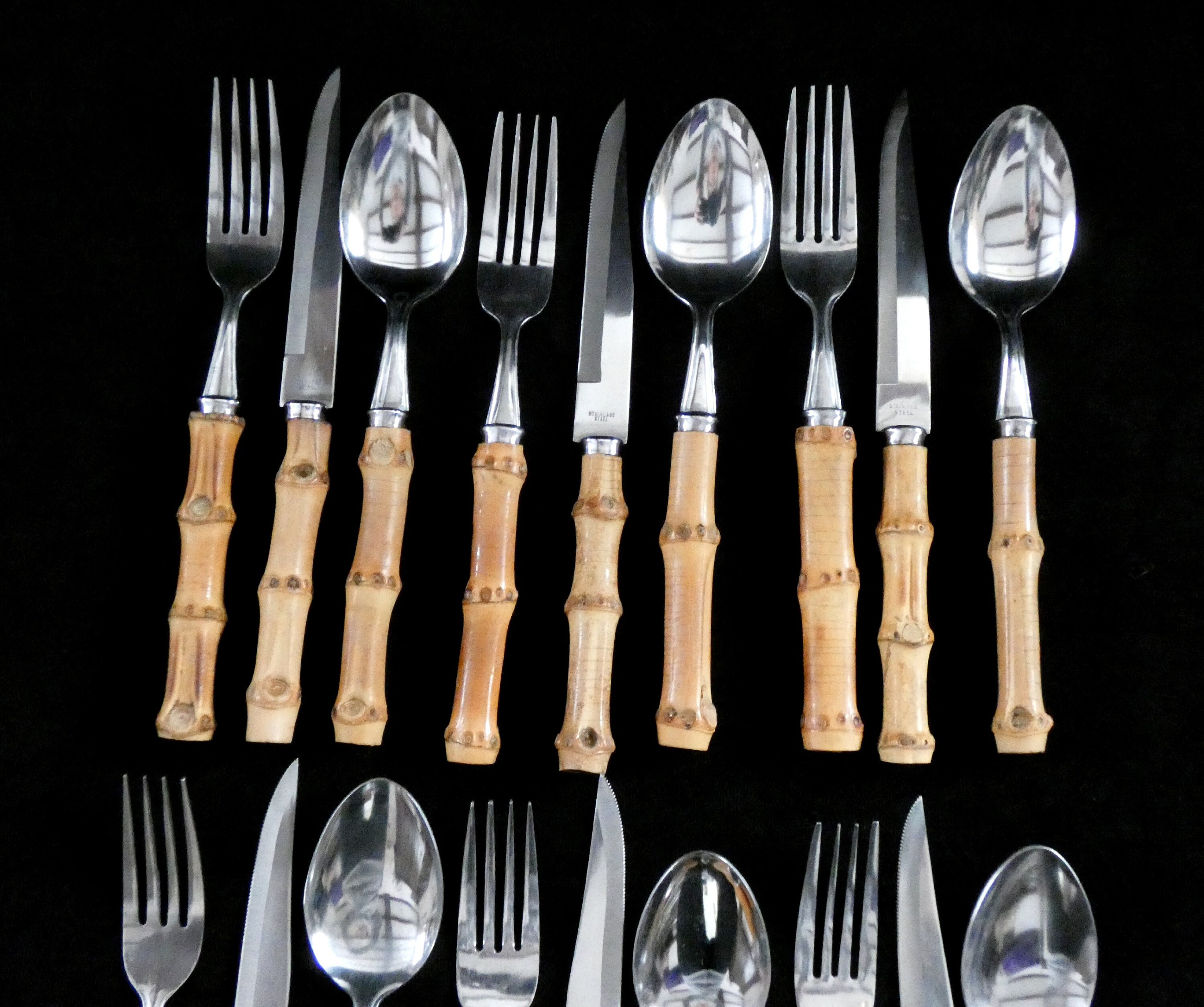 18 Vintage French Bamboo Handle Flatware, Bamboo Handle Cutlery Set, Natural Bamboo and
