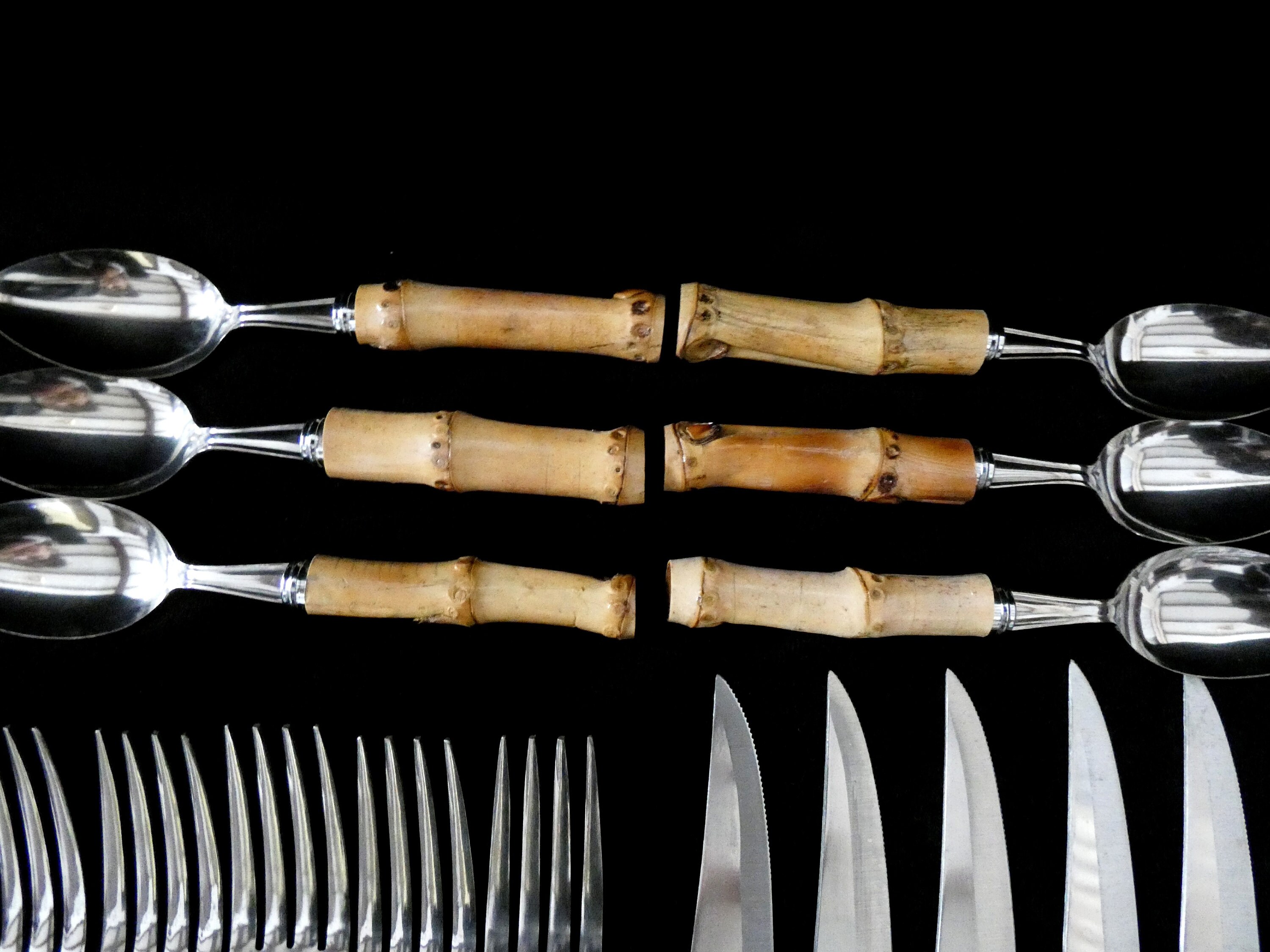 24 Bamboo Handle Cutlery, Vintage Bamboo Handle Flatware Set, Natural Bamboo and Stainless Steel
