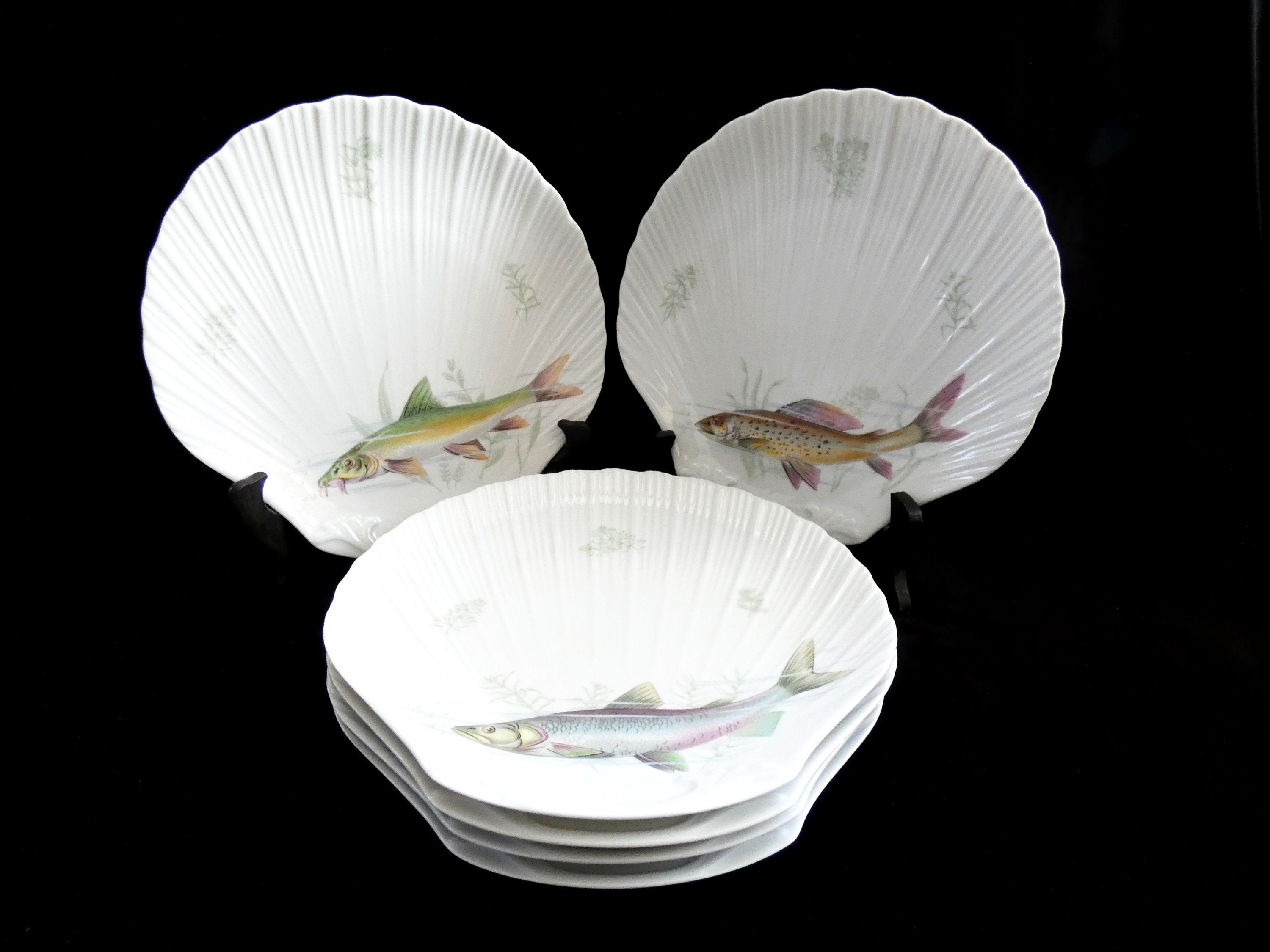 6 Limoges Porcelain Fish Plates, Exclusivité Porcelaine de Sologne