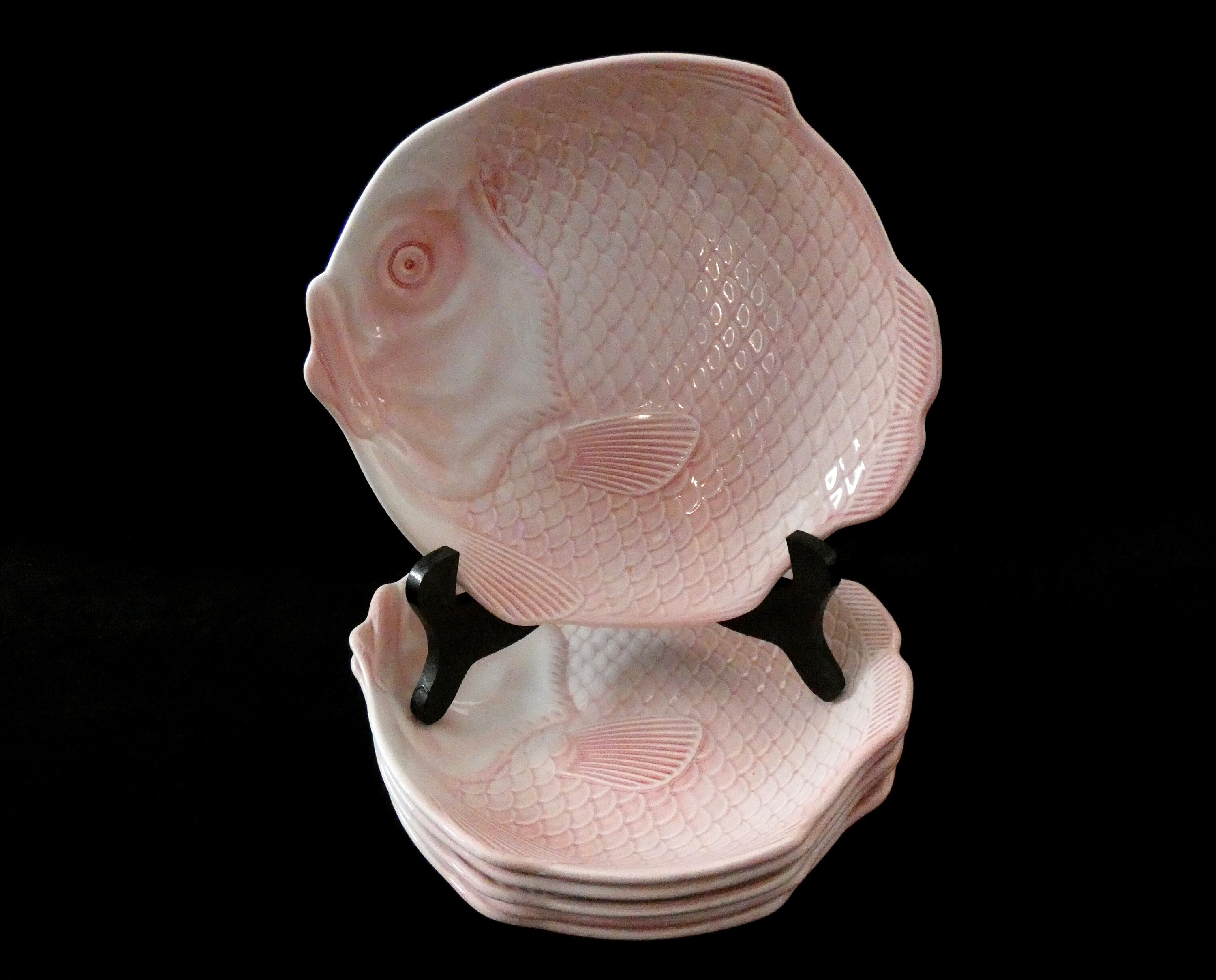 6 Antique French Pink Fish Shaped Plates, Vintage Majolica Seafood Plates, Ceramic Fish