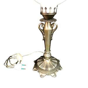 Antique French Opaline Lamp Night Lamp Vintage Floral Brass Base Tulip Shape Milky Opal Glass 50s