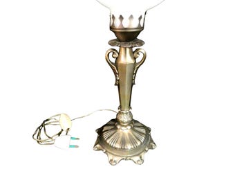 Antique French Opaline Lamp: Vintage Floral Brass Base Tulip Night Light