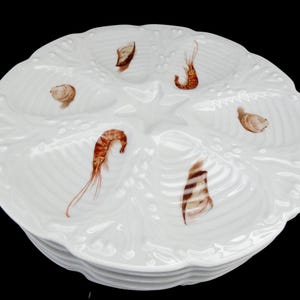 6 Vintage French Oyster Plates White Vierzon CNP Porcelain Oyster Dishes Seashell Decor 60s