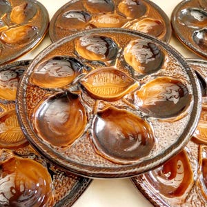 Pode incluir: Conjunto de seis pratos de ostras de cerâmica castanho com um design em relevo. Cada prato tem seis reentrâncias individuais para servir ostras.
