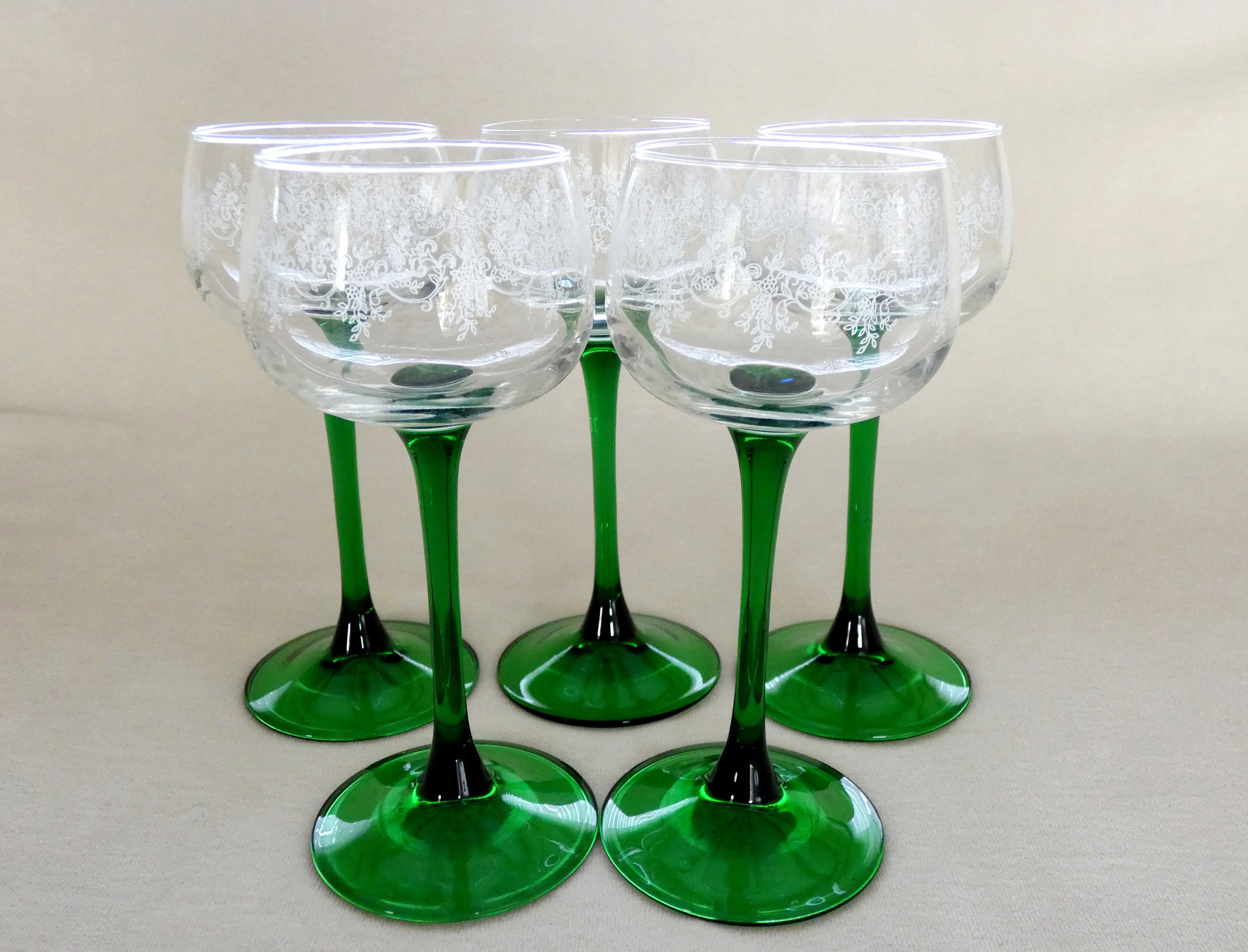 Vintage Green Stem Wine Glasses Luminarc Crystal Glassware retro Stemware  Midcentury French Barware 60s