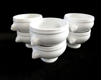 Vintage French Onion Soup Bowls White Porcelain Footed Lion&#39;s Head Handles Retro Individual Bowls Set