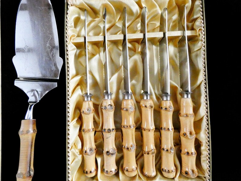 14 pcs Bamboo Handles Dessert Cutlery Solingen Cutlery Handmade Bamboo Handles Cake Set and Stainless Steel 70s